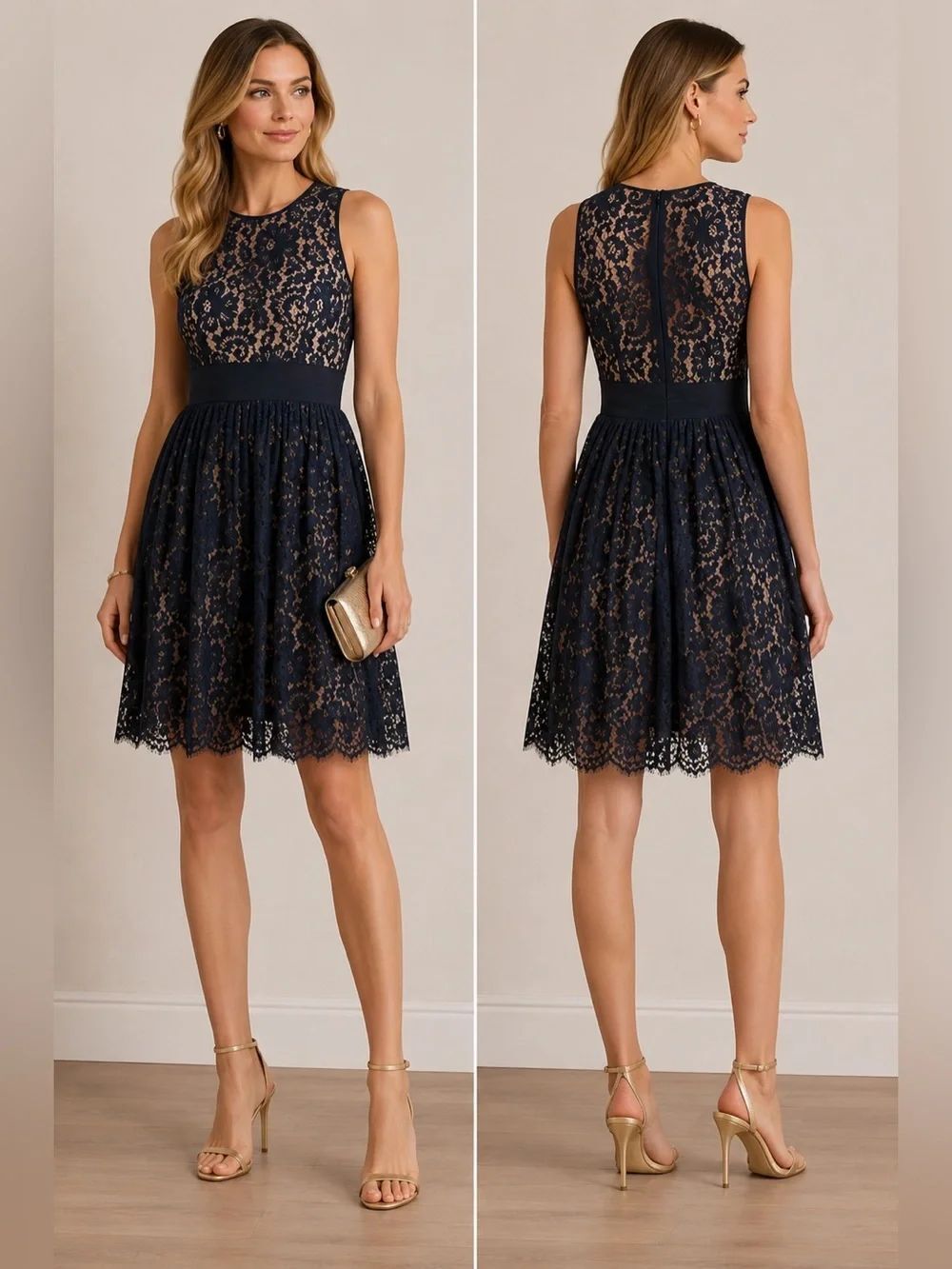 Eliza J Navy Lace Fit & Flare Cocktail Dress Sleeveless Scalloped navy blue 14